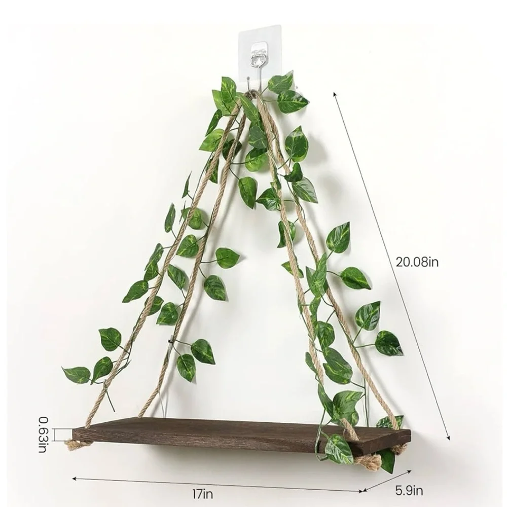 Floating Boho Triangle Wooden Wall Shelves with Green Leaves and Lights